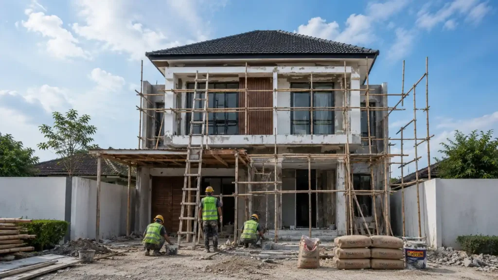 proses konstruksi sipil rumah 2 lantai struktur beton